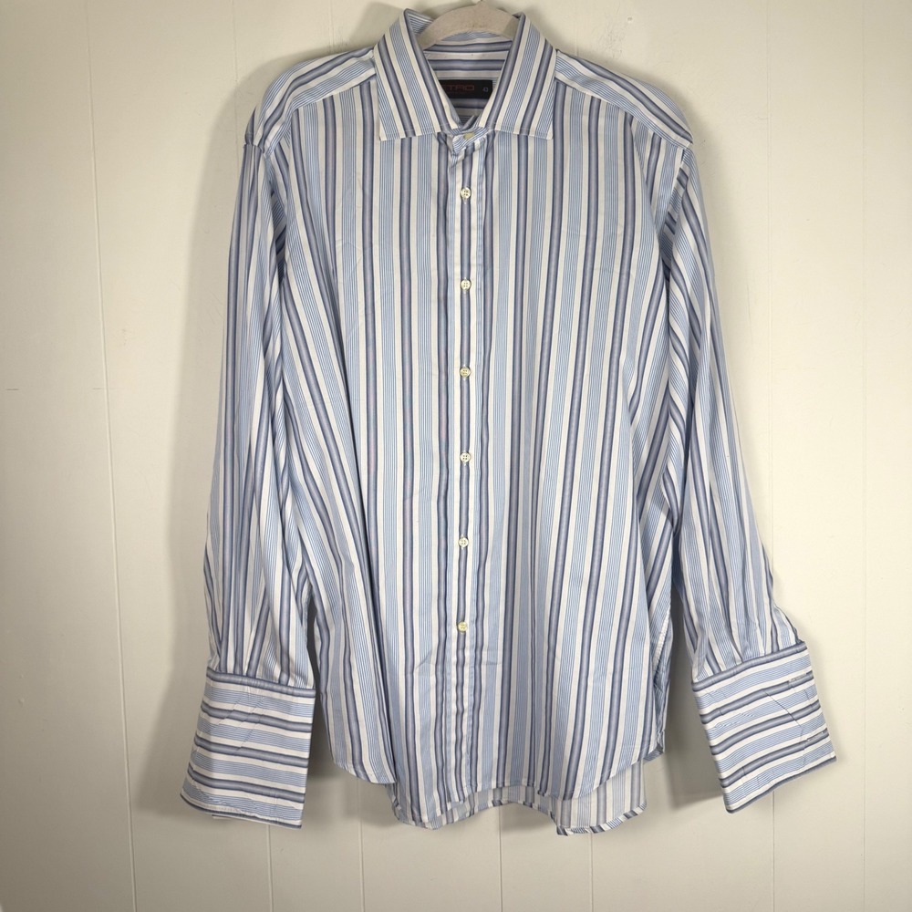 Etro Milano Mens Blue White Stripe Dress Shirt French Cuff Made in Italy 43 L/XL